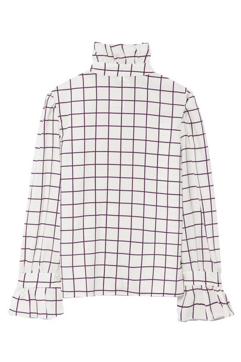 CWTBLL3817_STREET FASHION RUFFLED PLAID LONG SLEEVE SHIRT