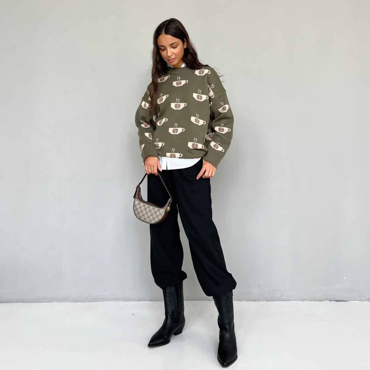 Coffee jacquard semi-turtleneck sweater