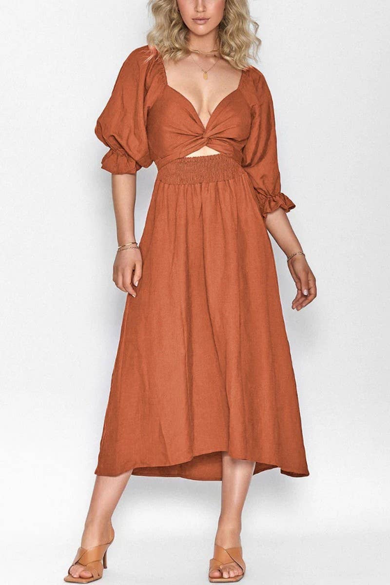 CWDMD5769_V-NECK ELEGANT MID-LENGTH SLEEVES TWO-WAY DRESS