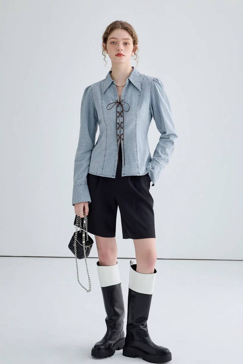 CWTSTL2871_WAIST SLIMMING SPLIT HEM DENIM SHIRT