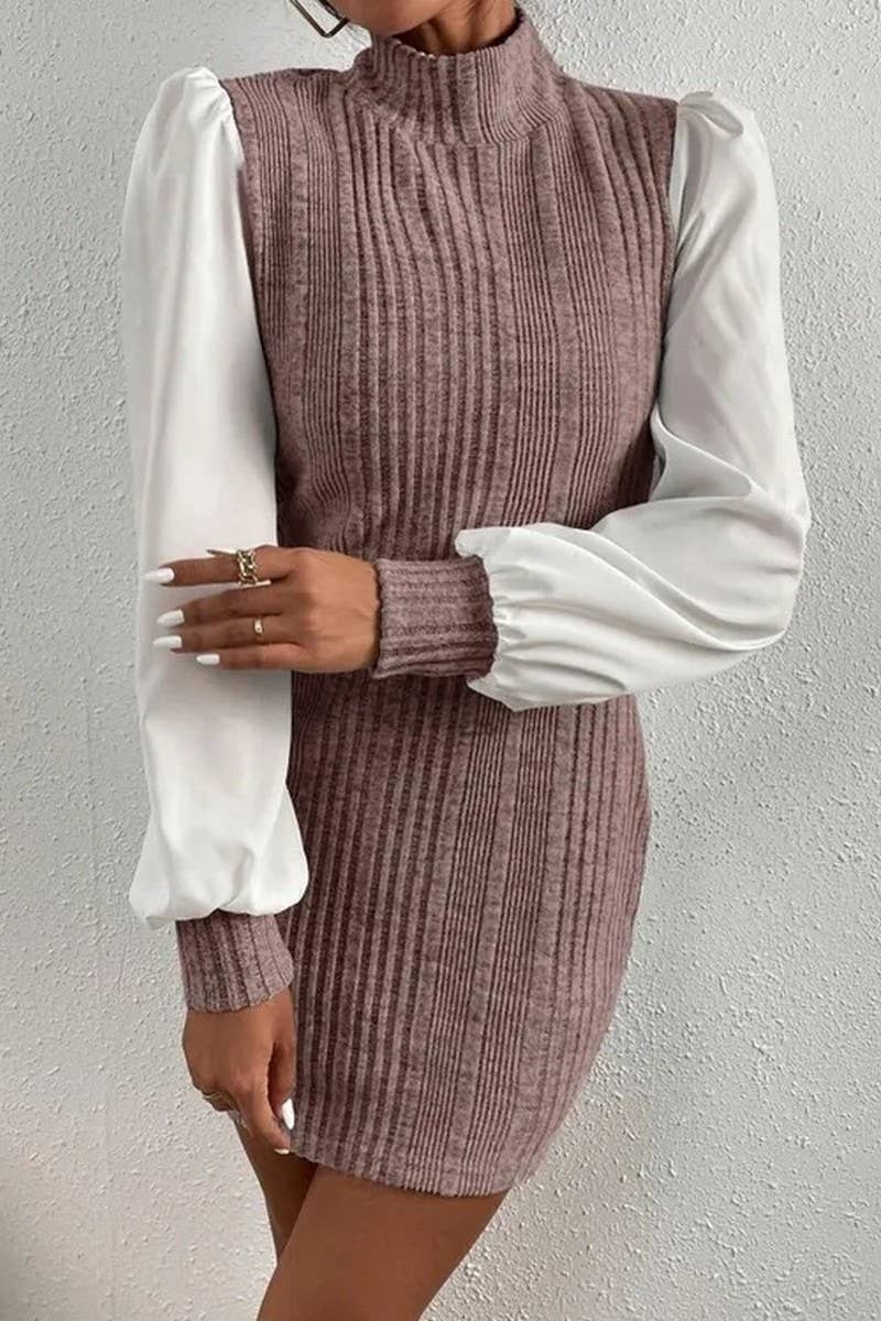 Beltless dress with high neck and long sleeves