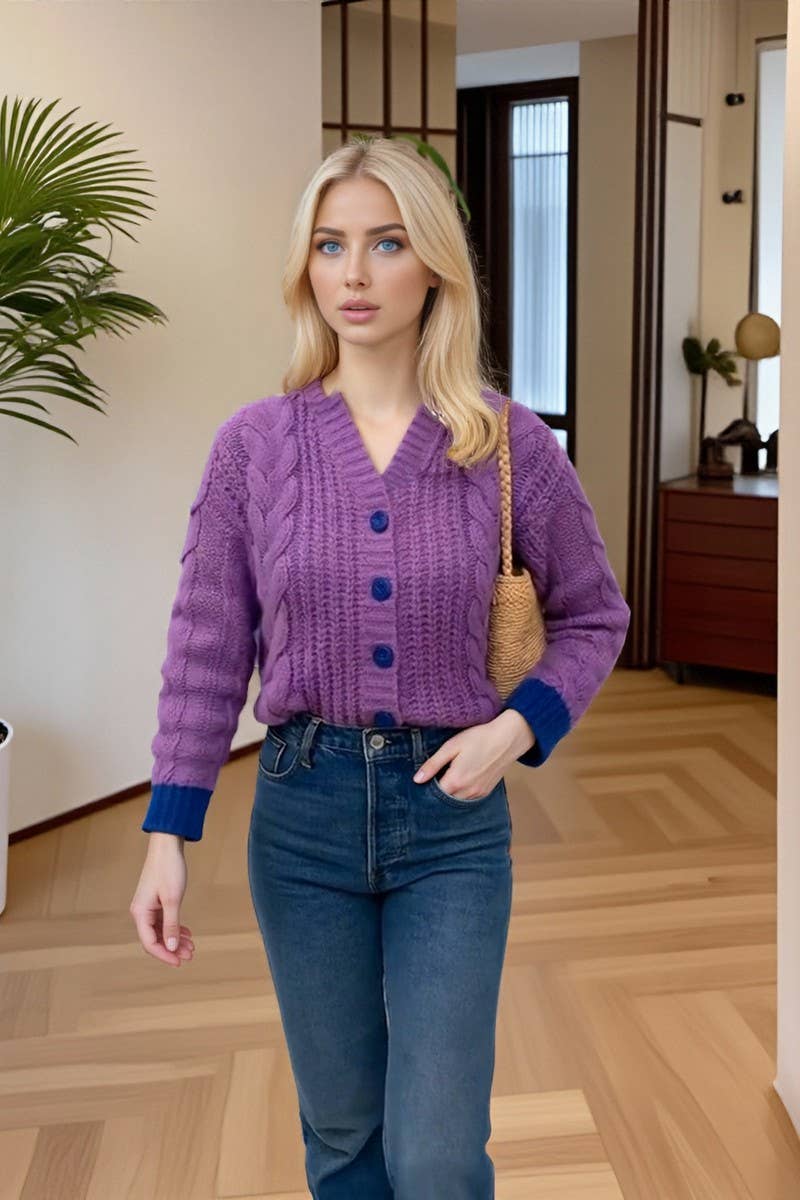 CWOCAL00830_V NECK BUTTON LOOSE KNIT CARDIGAN