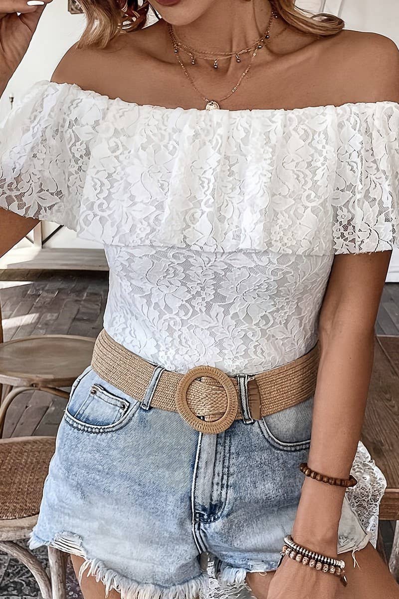 CWTBLS1529_OFF-SHOULDER RUFFLED LACE SHORT-SLEEVED TOP
