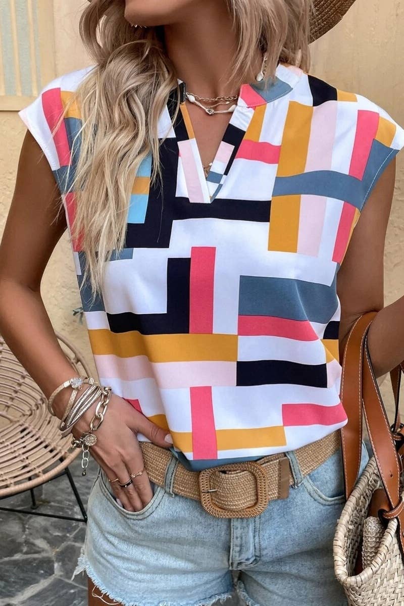 CWTBLS1123_SUMMER PRINTED V-NECK SLEEVELESS TOP