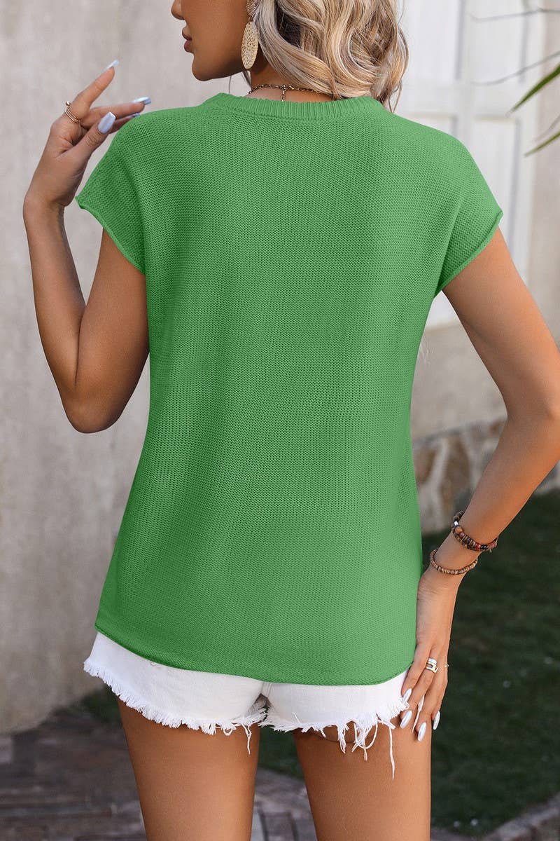 CWOSWS0107_ROUND NECK SOLID COLOR KNIT SHORT SLEEVE TOP