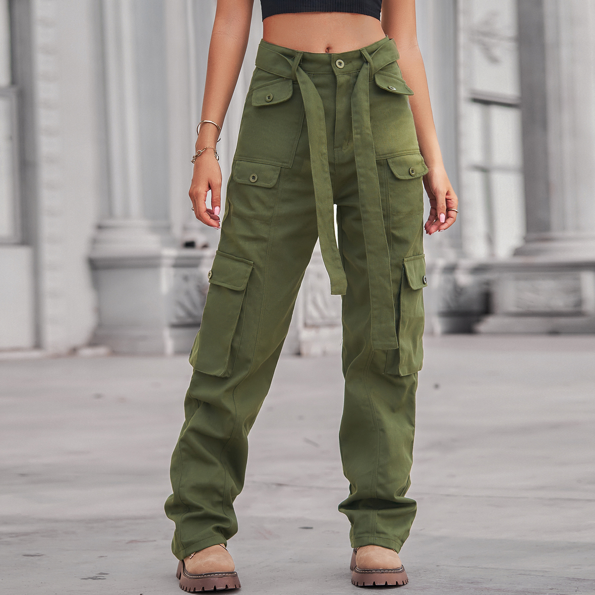 Casual Washed Denim Multi-Pocket Cargo Pants_CWJP0633