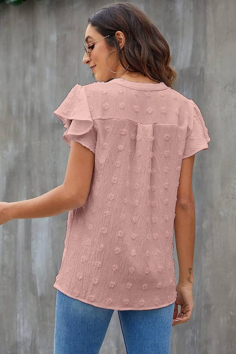 CWTBLS0606_V-NECK RUFFLED SLEEVE CHIFFON SHORT-SLEEVED TOP