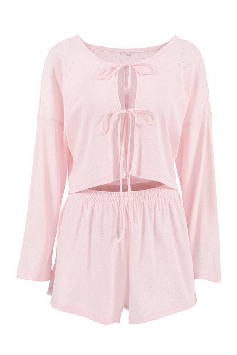 CWSPJ0333_KNITTED JACQUARD LONG SLEEVE SHORTS PAJAMA SET