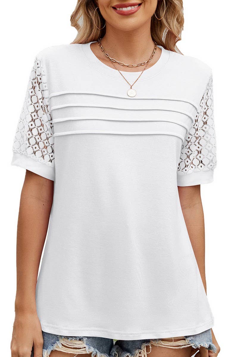 CWTBLS1726_SOLID COLOR ROUND NECK LACE SLEEVE T-SHIRT TOP