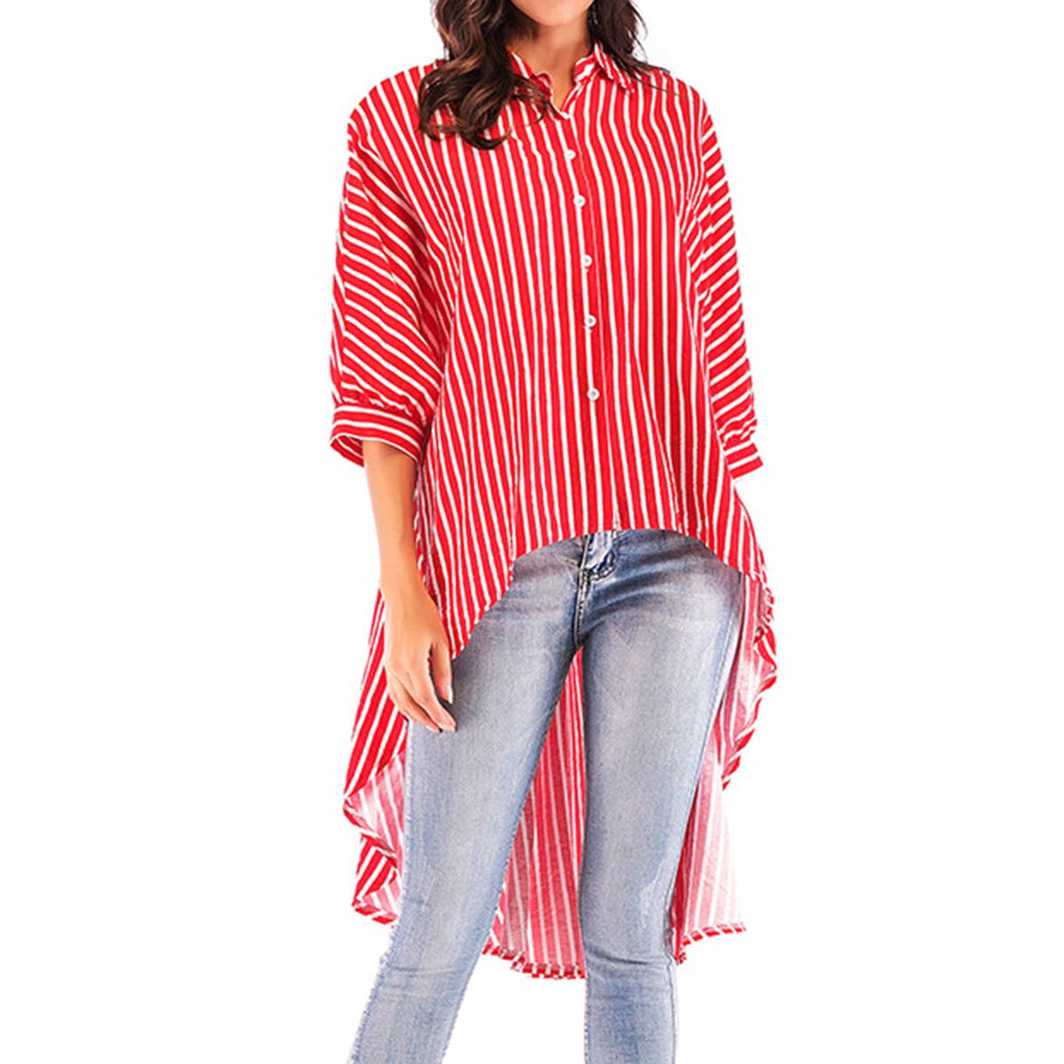BAT-SLEEVED LOOSE DOVETAIL TREND STRIPED SHIRT