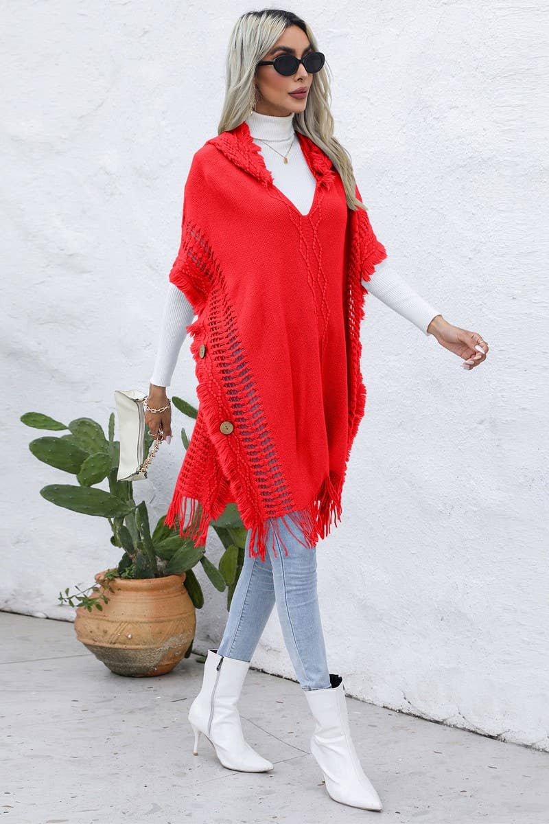 CWOSWL6438_V-NECK FRINGED HOODED MID-LENGTH CAPE KNITTED TOP