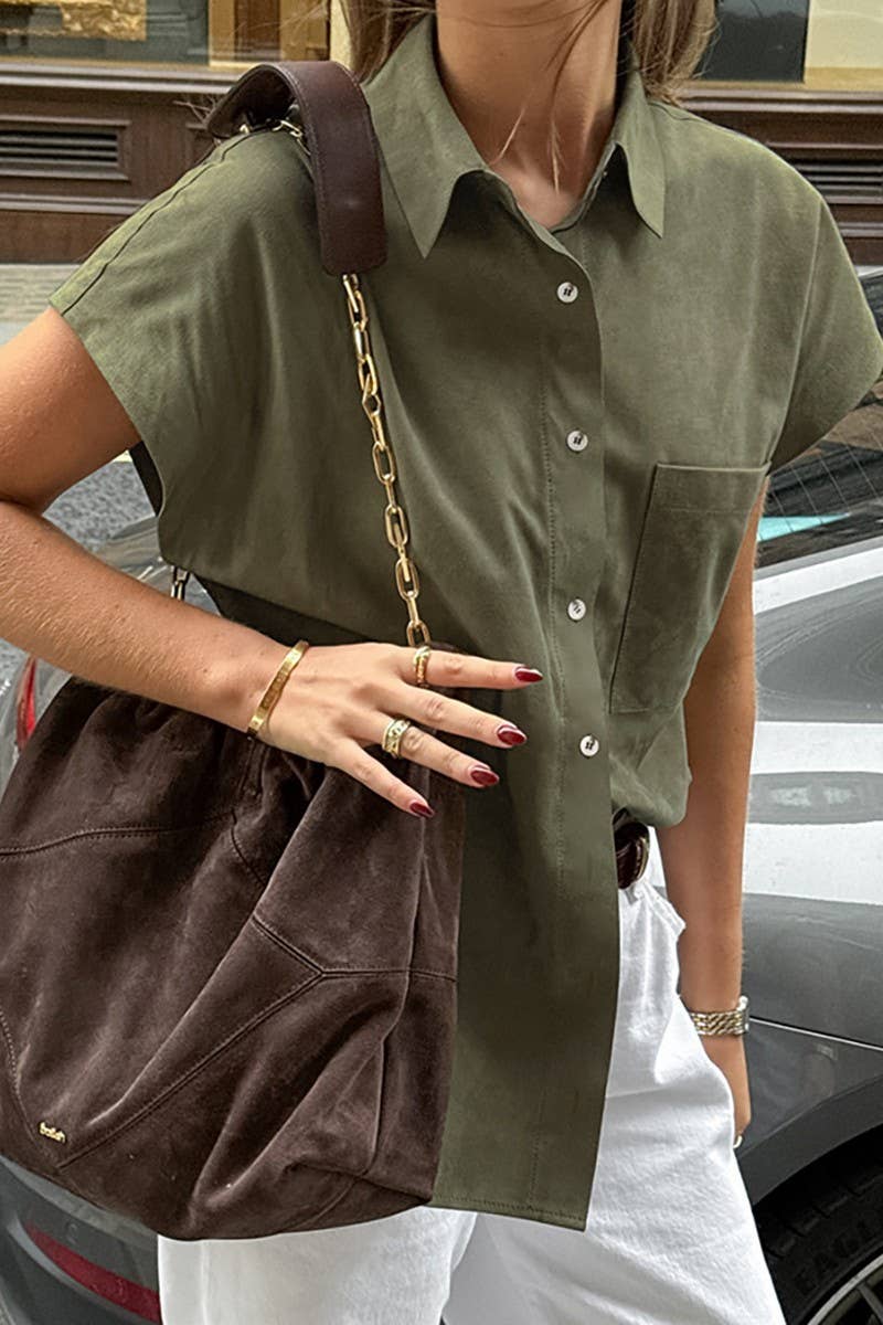 CWTBLS2356_RETRO GREEN LAPEL LOOSE SLEEVELESS SHIRT