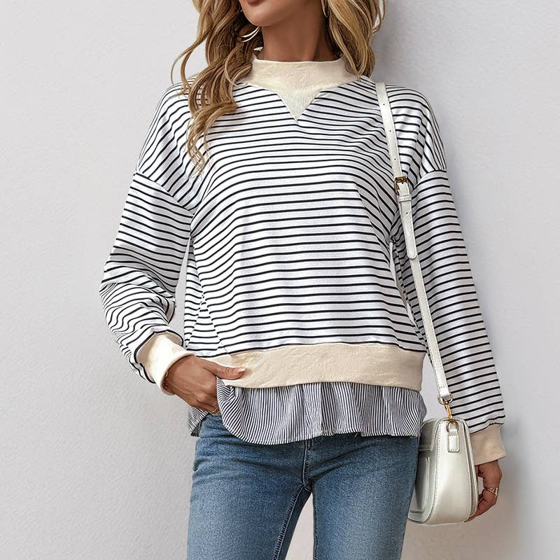 CREW-NECK STRIPED PATCHWORK FAKE TWO TOPS