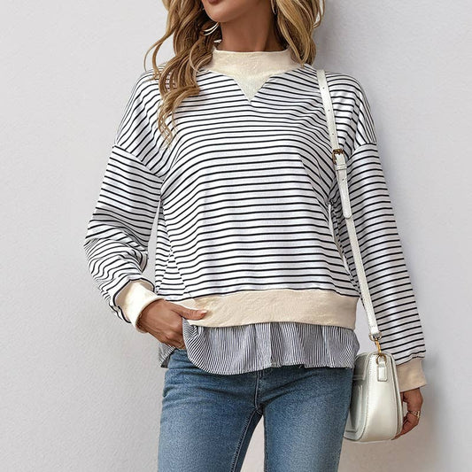 CREW-NECK STRIPED PATCHWORK FAKE TWO TOPS