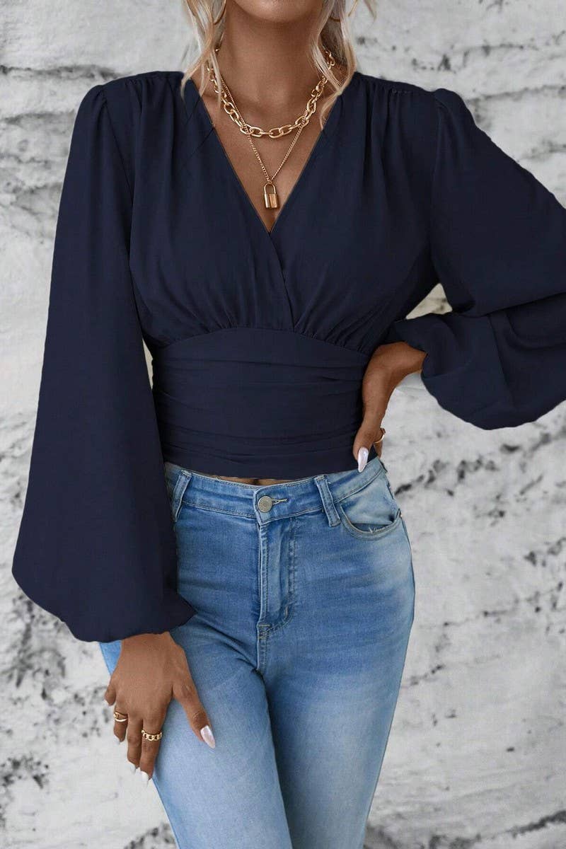 CWTTL2007_SPRING AND AUTUMN FASHION WAIST V-NECK TOP