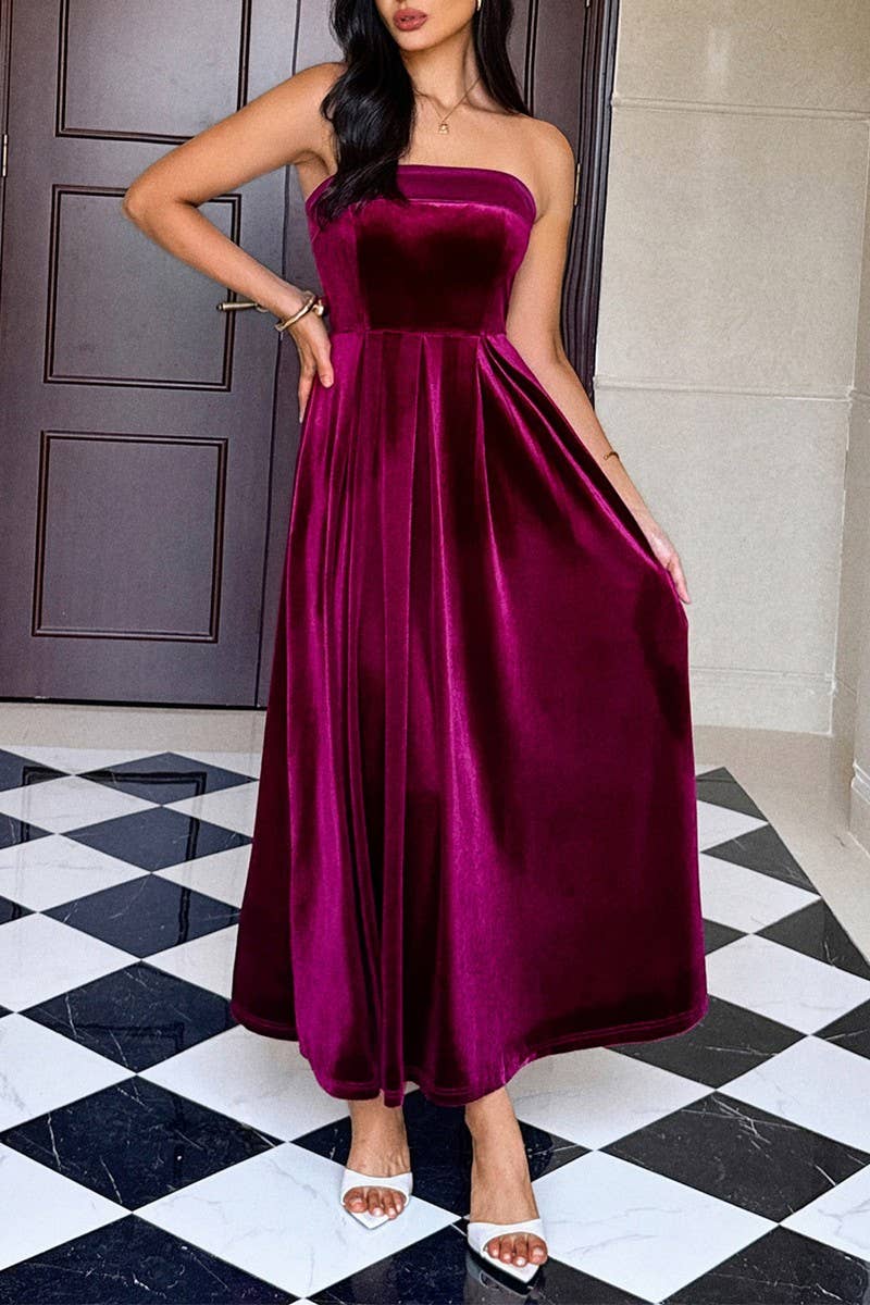 CWDTD00501_STRAPLESS SOLID VELVET MAXI DRESS