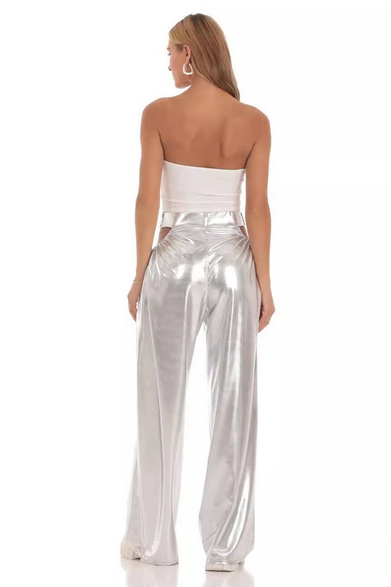 CWBLP0913_HIGH-WAISTED GOLD-STAMPED HOLLOW CASUAL PANTS