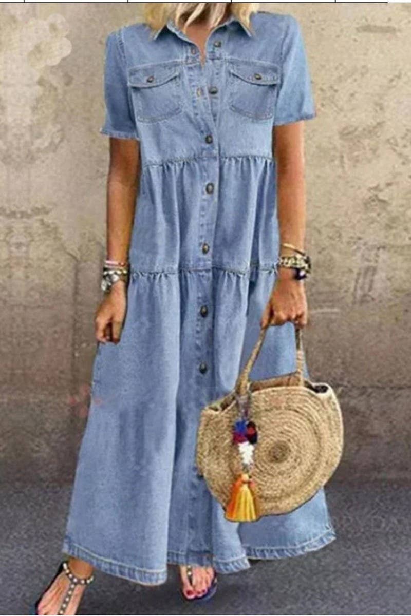 CWDMD6218_DENIM STYLE LONG MULTI-BUTTON DISTRESSED DRESS
