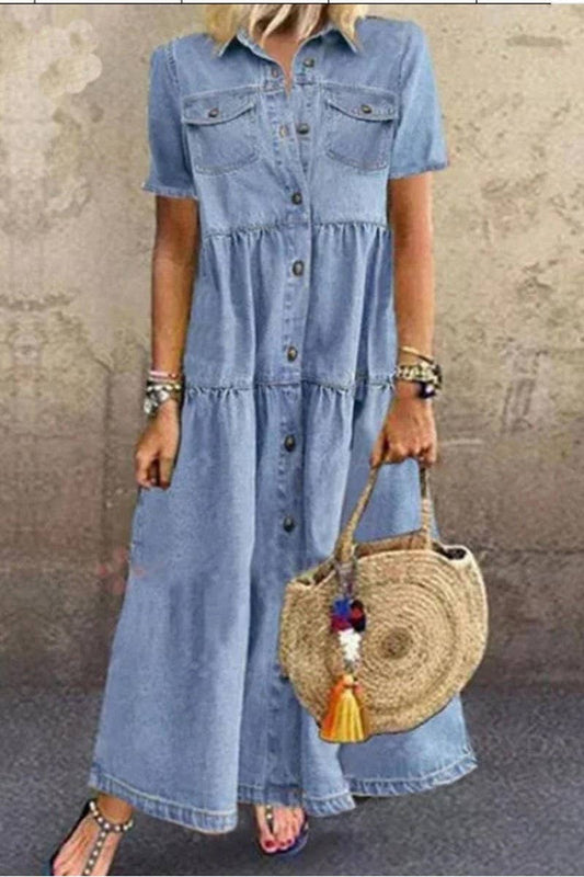 CWDMD6218_DENIM STYLE LONG MULTI-BUTTON DISTRESSED DRESS