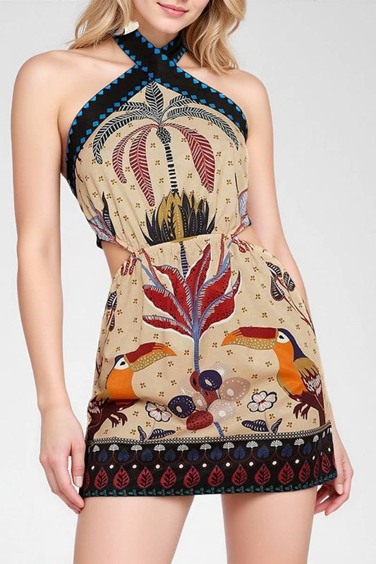 CWDHL01110_FLORAL HALTER NECK SEXY SHORT DRESS