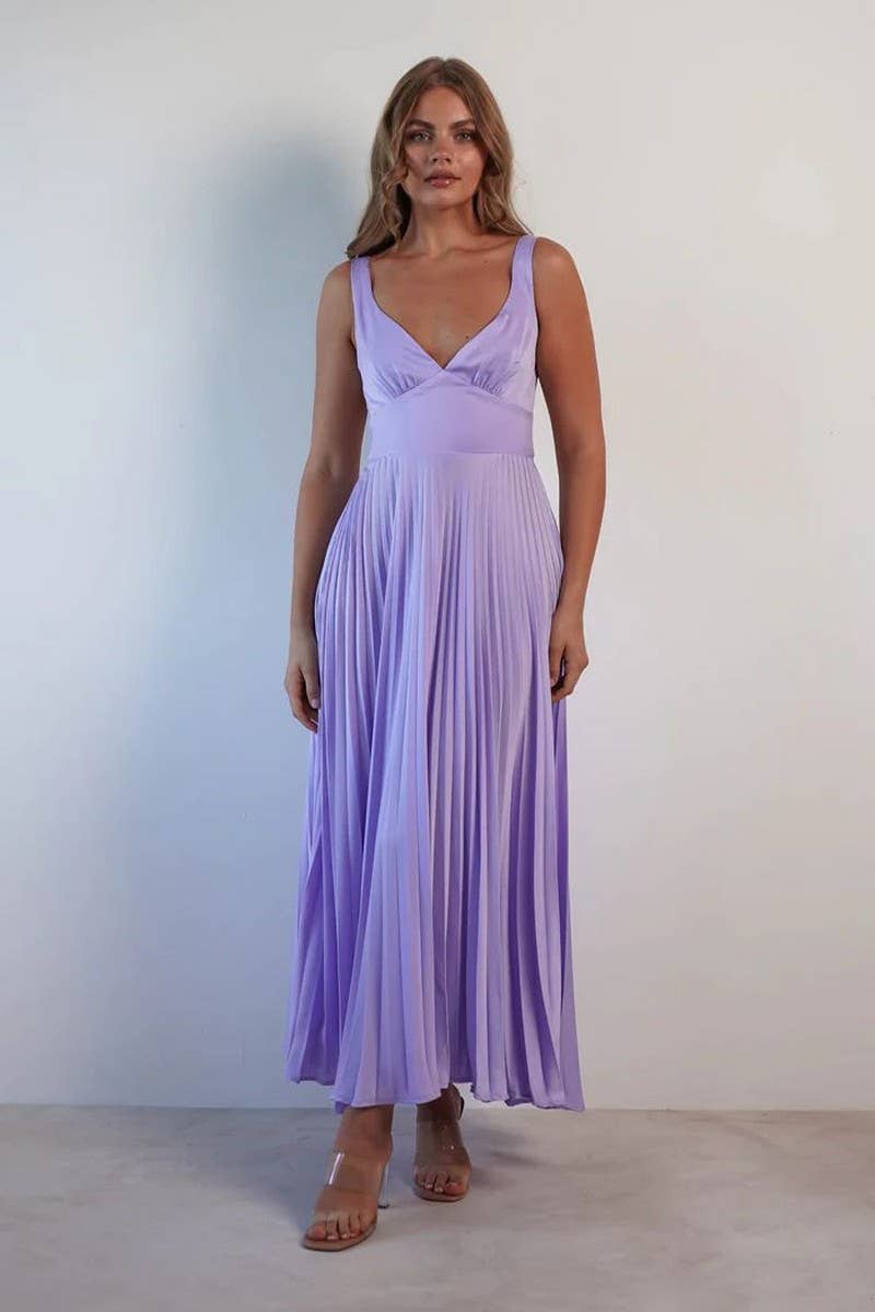 CWDHL0940_V-NECK SOLID COLOR PLEATED SEXY SUSPENDER DRESS