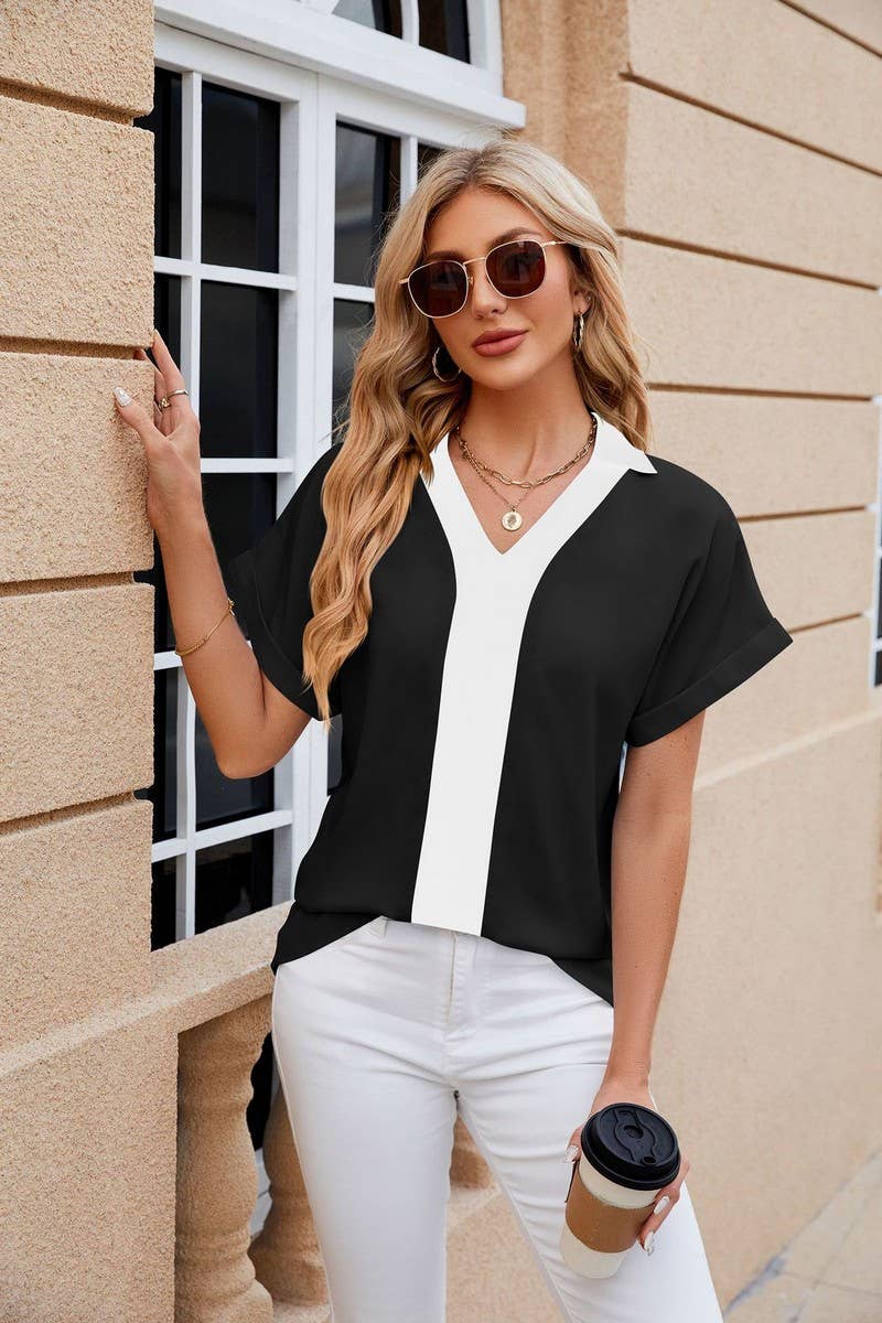 CWTBLS0440_V-Neck Short Sleeve Blouse