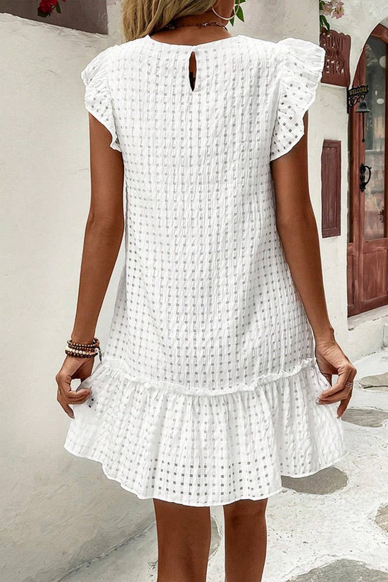 CWDSD8224_CASUAL SOLID COLOR RUFFLED SHORT-SLEEVED DRESS