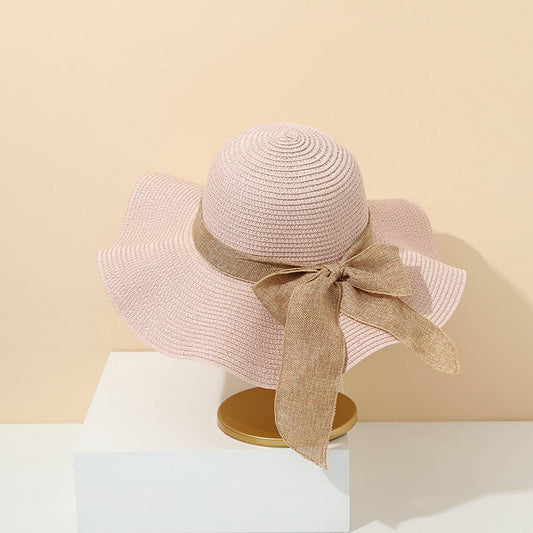 Fashion bow ribbon wide brim straw hat_CWAH3471