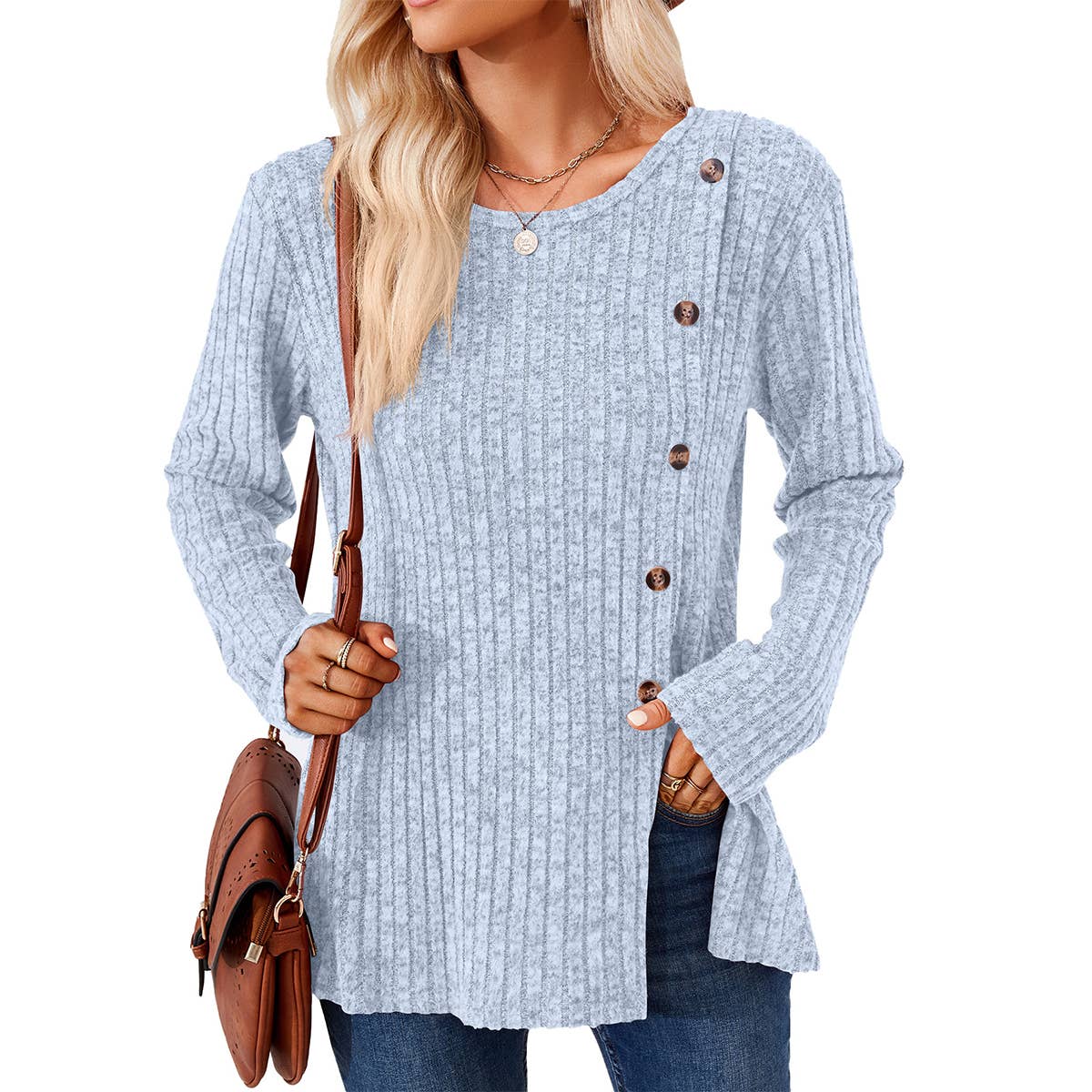 CREW-NECK BUTTON-UP LONG-SLEEVED LOOSE T-SHIRT