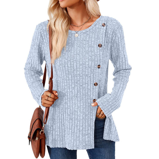 CREW-NECK BUTTON-UP LONG-SLEEVED LOOSE T-SHIRT
