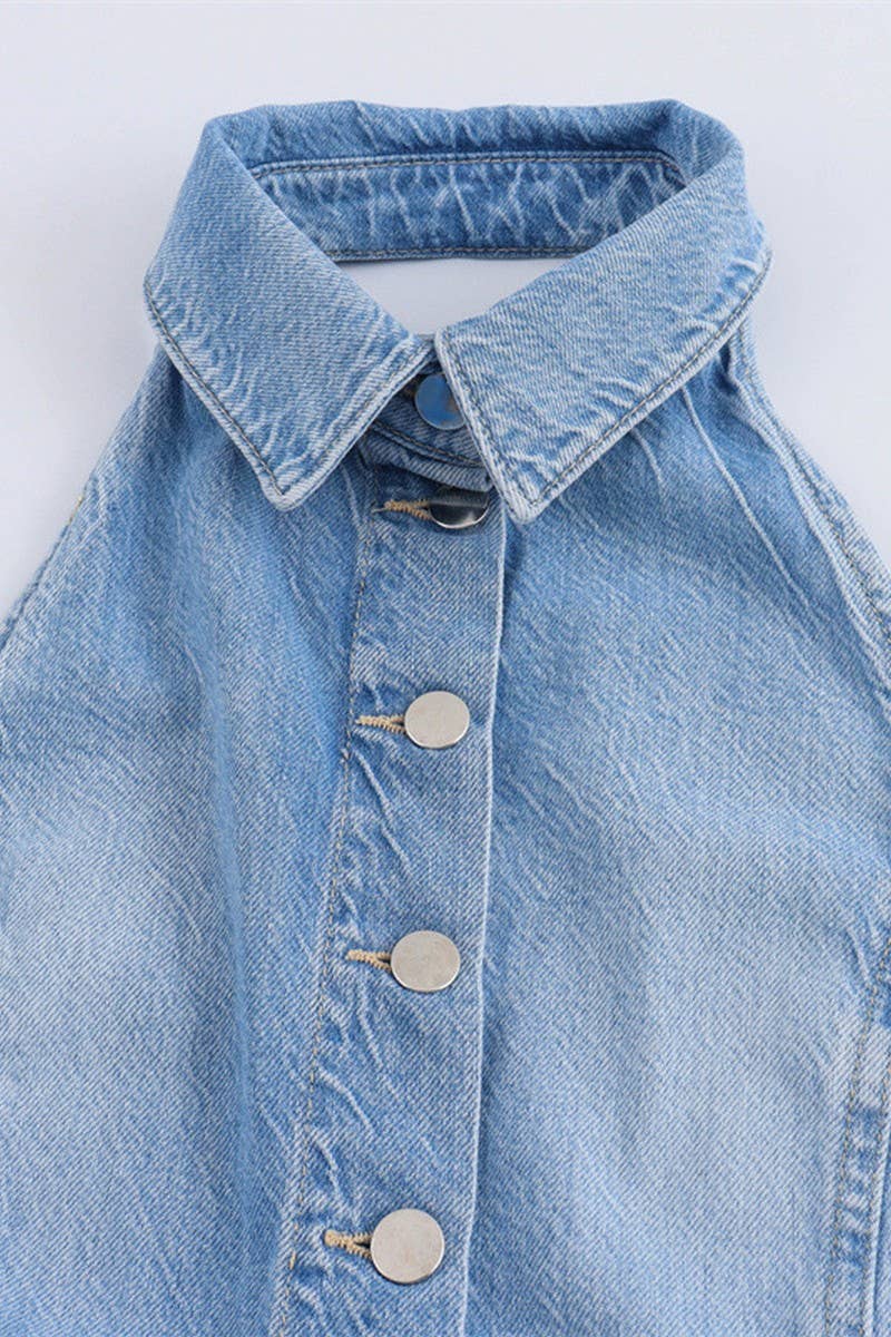 CWSJS1260_HALTER NECK LONG DENIM JUMPSUIT