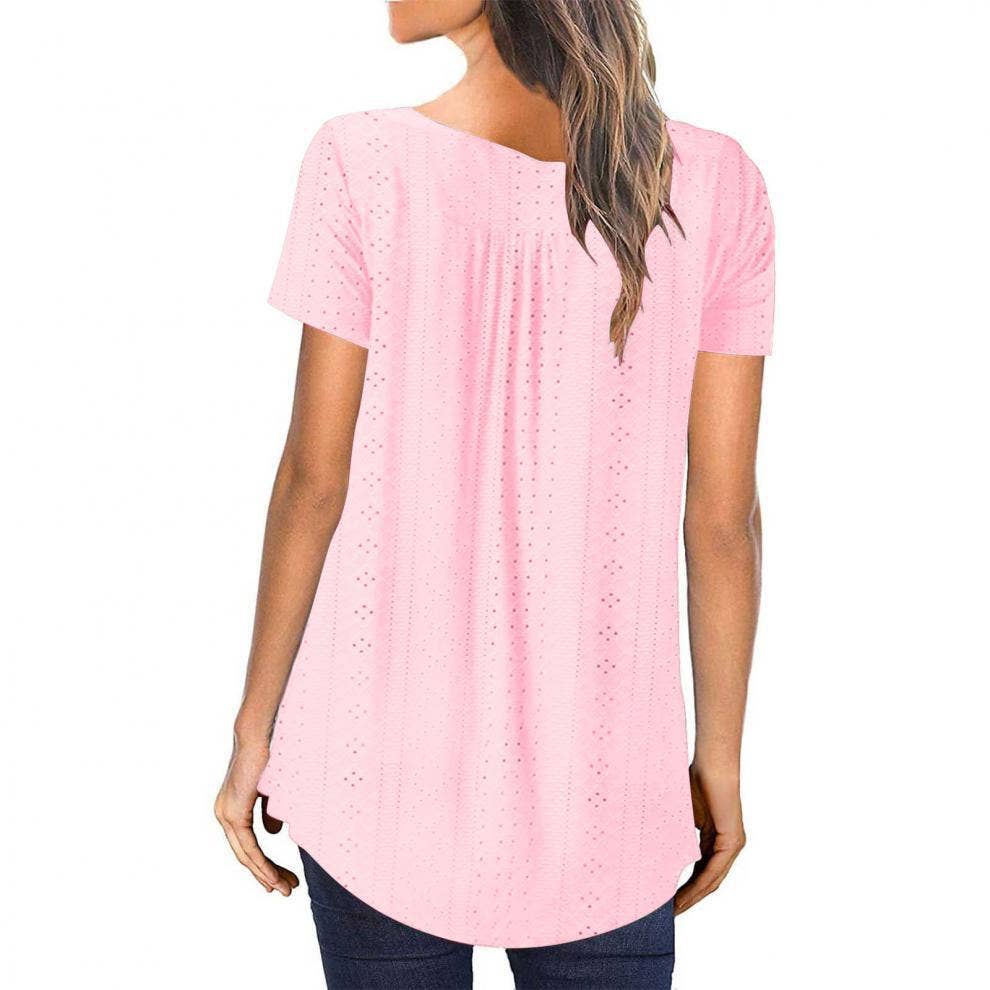 Crew-neck pleated button solid color ripped shirt