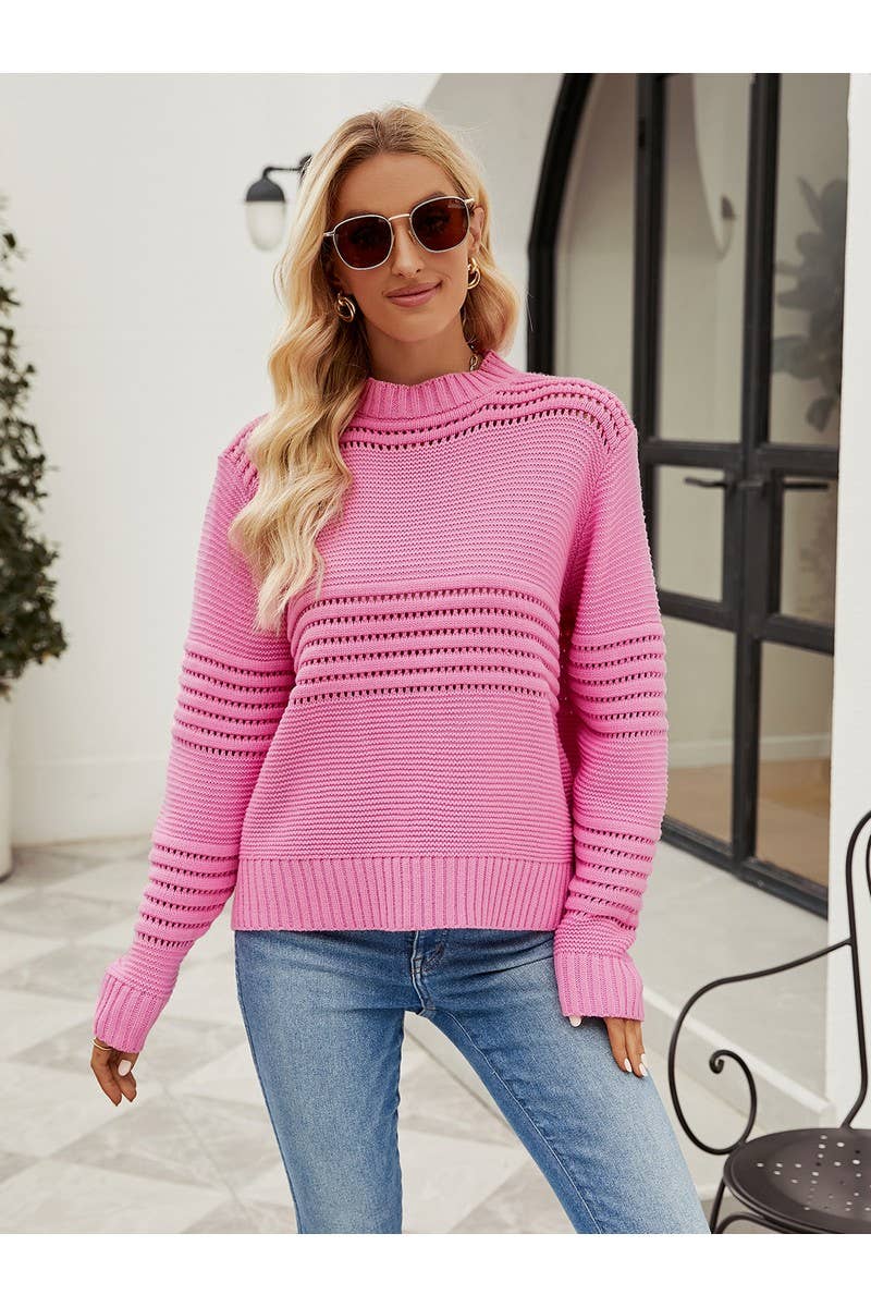 CWOSWL2447_Striped Crew Neck Long Pullover Sweater