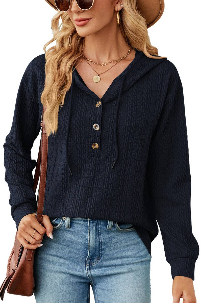 CWOHOL0475_Casual V-Neck Hoodie Long Sleeve Top