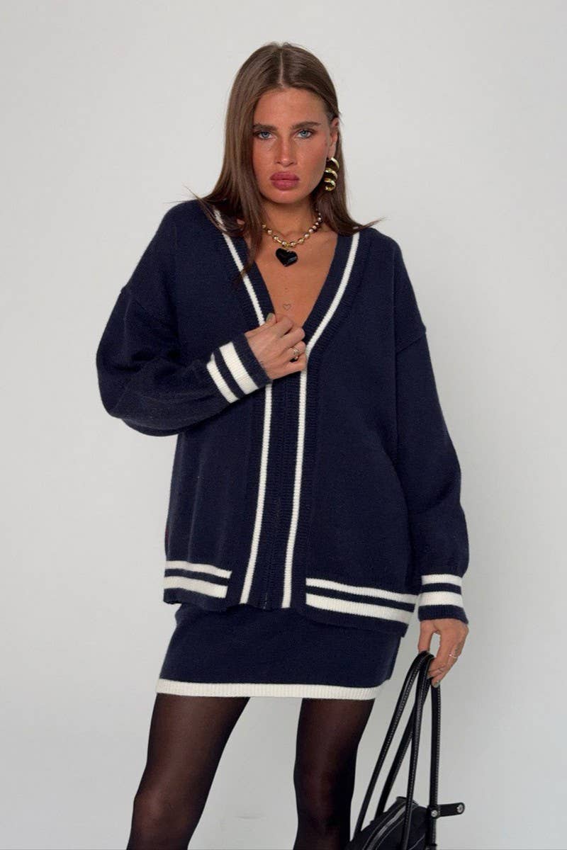 CWSTB1521_CONTRAST COLOR ZIPPER LETTER CARDIGAN SWEATER SET