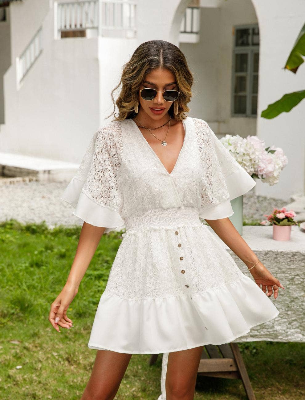 DEEP V LACE PATCHWORK BATSLEEVE DRESS
