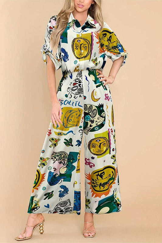 CWSS1133_GRAFFITI PRINT SHIRT WIDE LEG PANTS TWO-PIECE SET