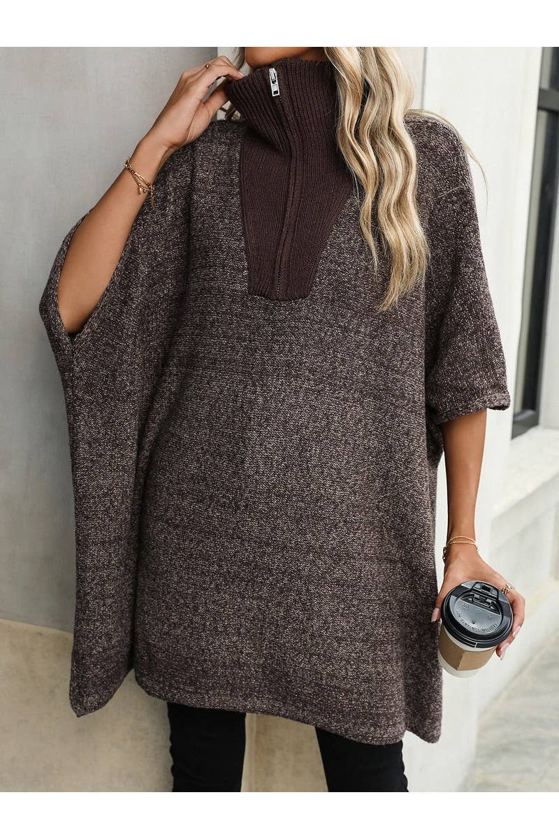 CWOSWS0082_Long Lapel Bat Sleeve Knit Zip Up Sweater