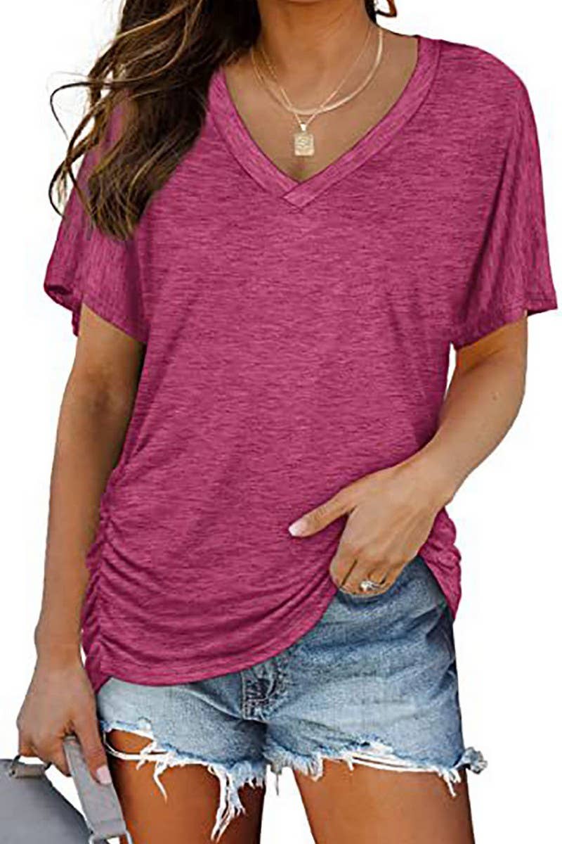 CWTTS1178_V-NECK SOLID COLOR CASUAL LOOSE TOP