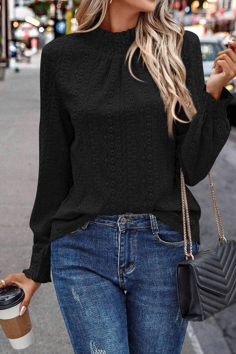 CWTBLL4008_JACQUARD RUCHED CREW NECK LONG SLEEVE TOP