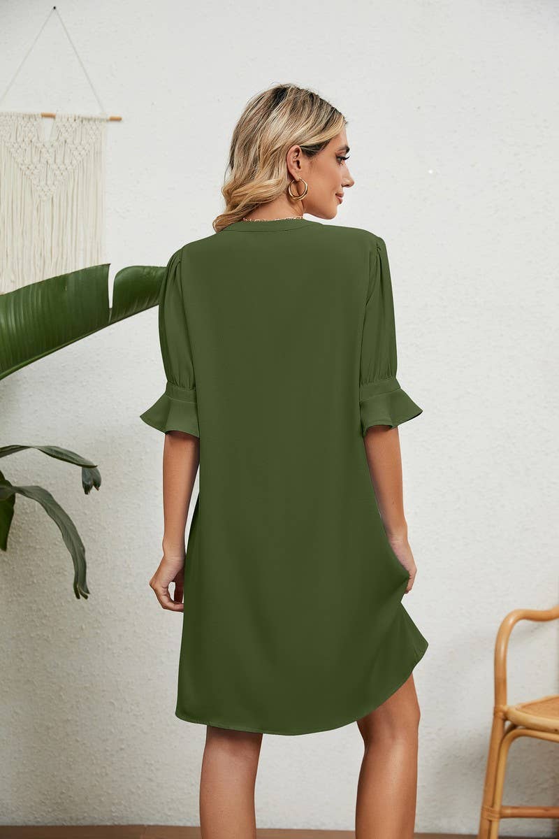 CWDSD3115_SOLID COLOR V-NECK LOOSE QUARTER-SLEEVE MINI DRESS