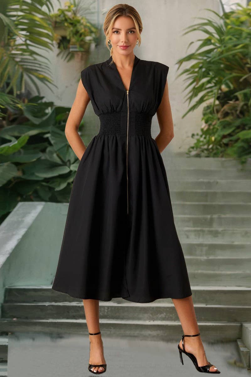 CWDMD6125_SOLID RUCHED ZIP FRONT V-NECK DRESS