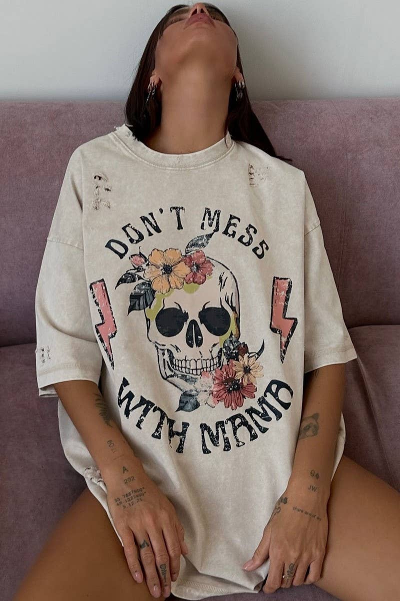 CWTTS1577_PERSONALIZED CASUAL SKULL PRINT HOLE PRINT T-SHIRT