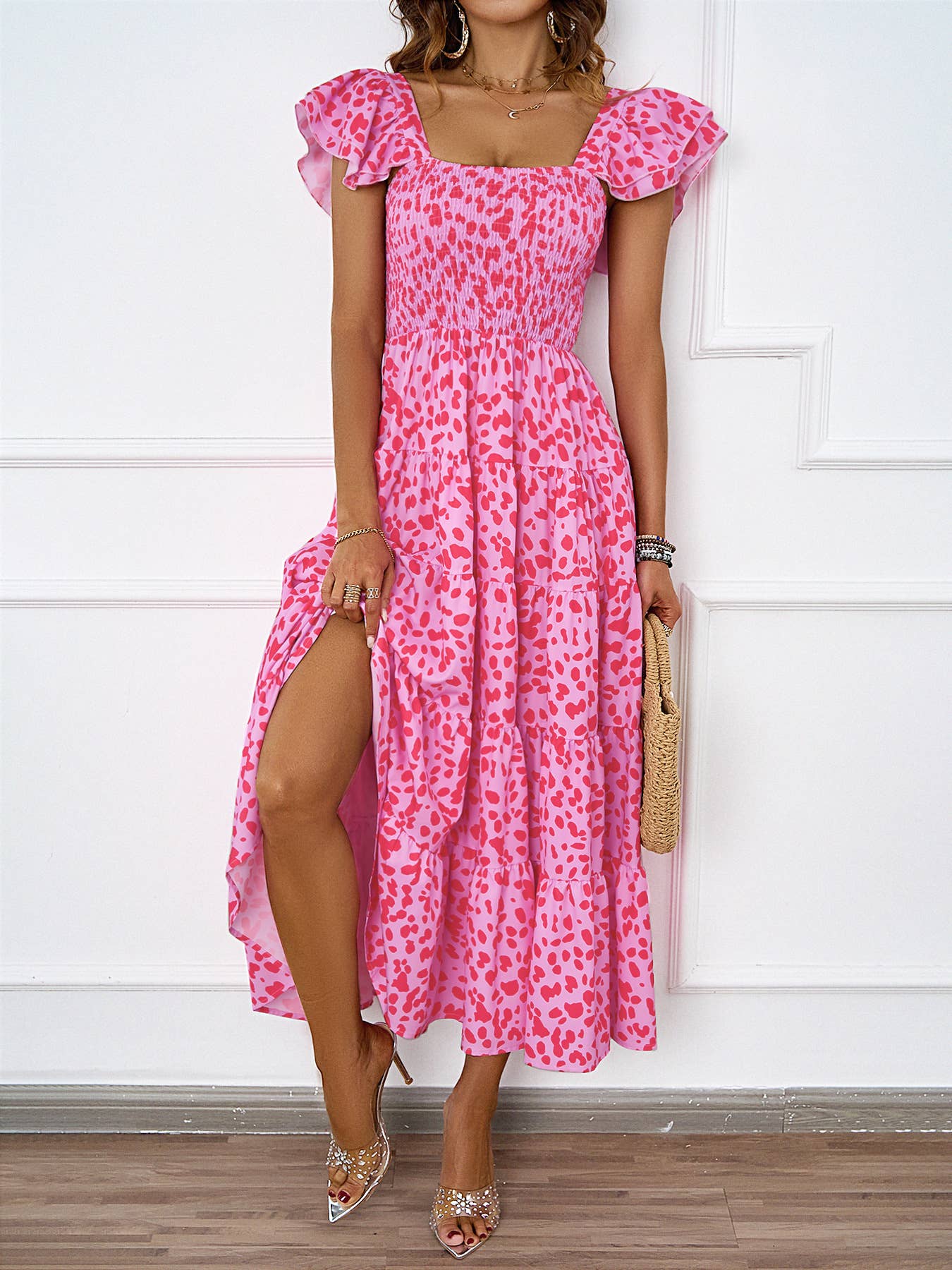 CASUAL SQUARE COLLAR PRINT PLEATED DRESS