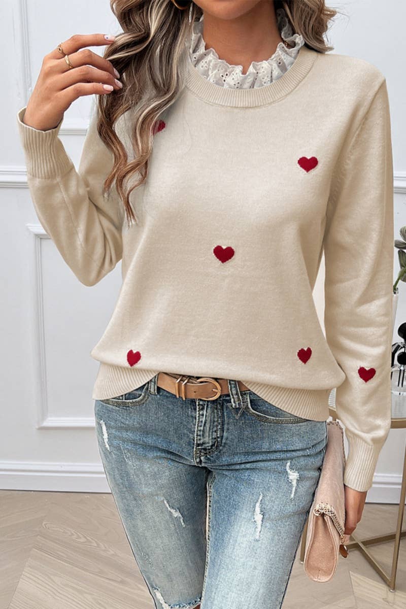 CWOSWL4449_LACE LACE NECKLINE LOVE LONG-SLEEVED SWEATER