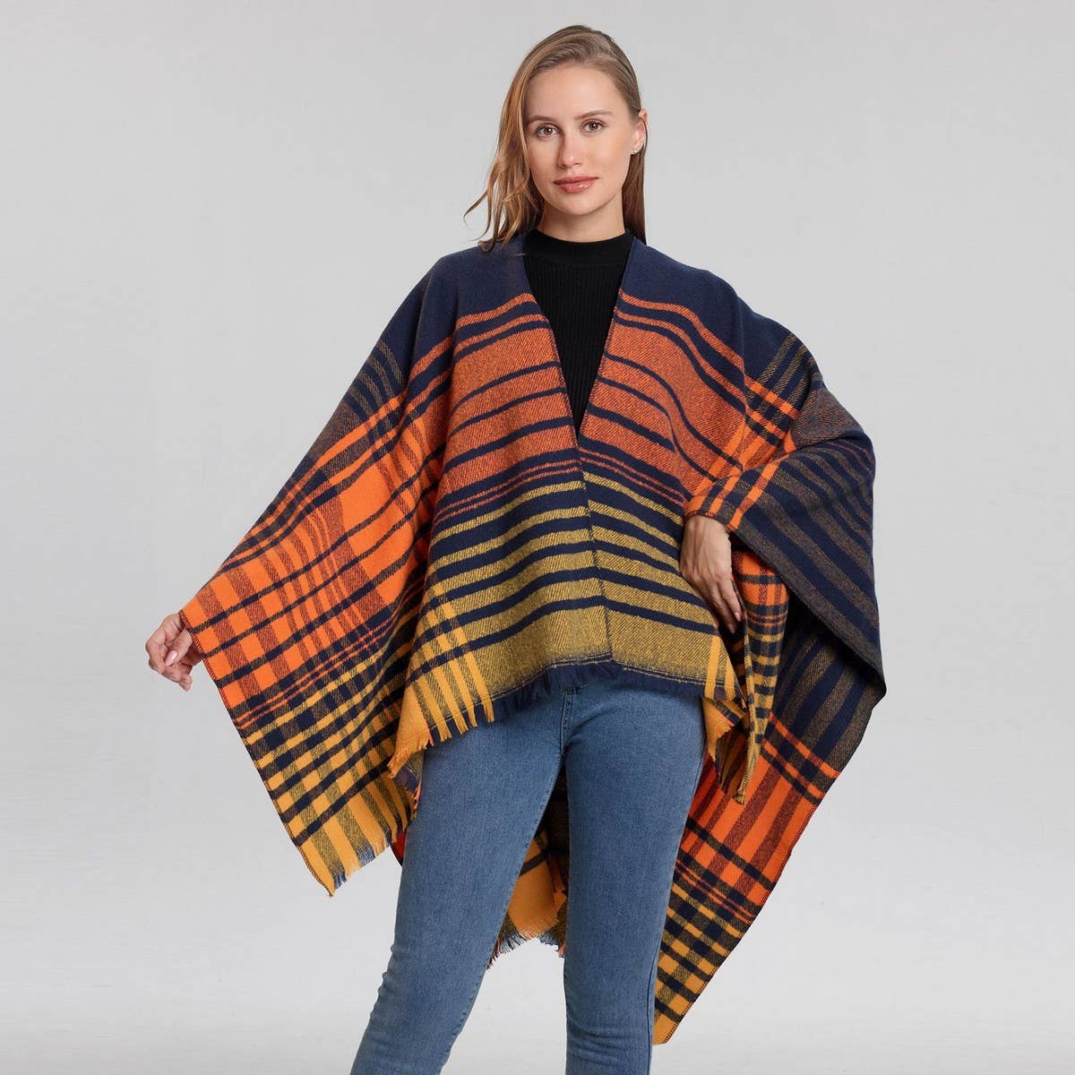 LINE PLAID SPLIT SHAWL THICK LARGE SIZE SCARF CAPE