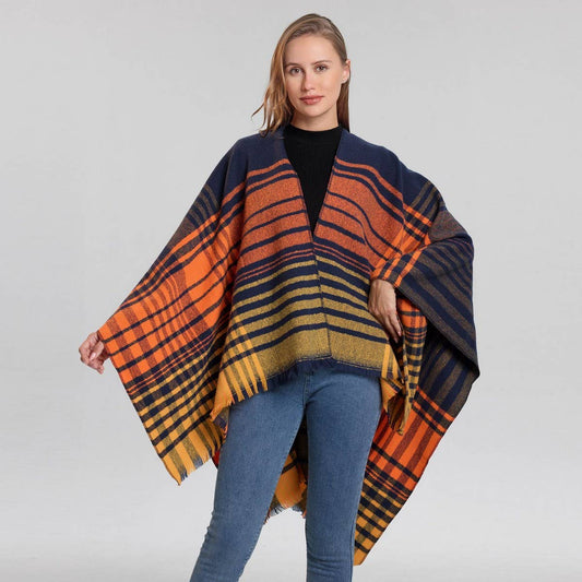 LINE PLAID SPLIT SHAWL THICK LARGE SIZE SCARF CAPE