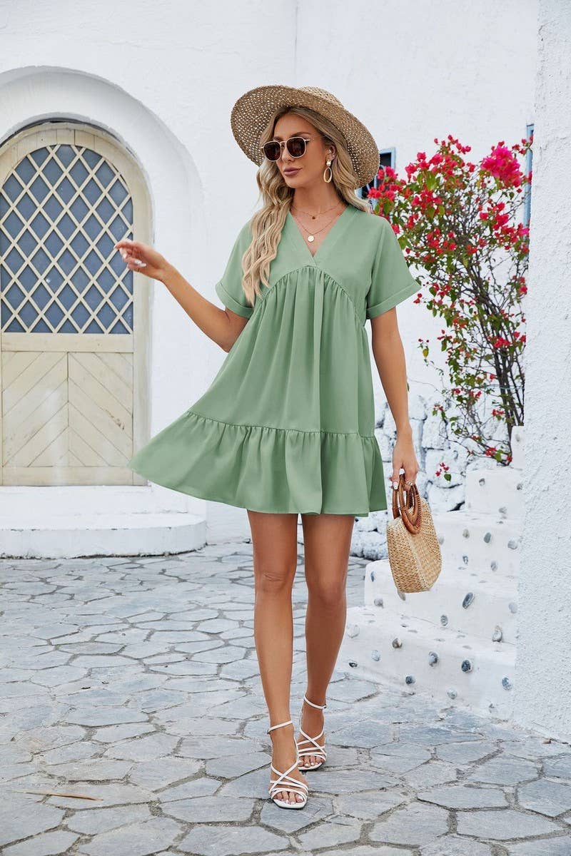 CWDSD3113_V Neck Tiered Short Sleeve Dress