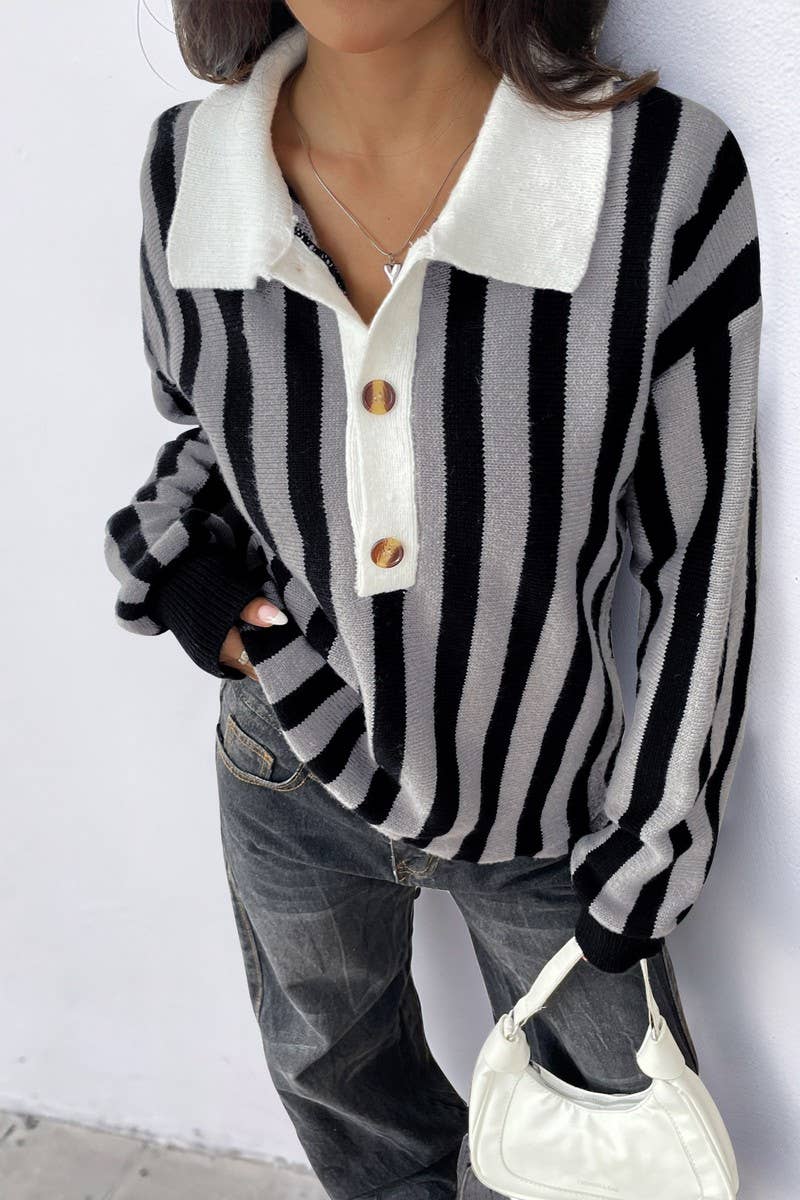 CWOSWL07129_VERTICAL STRIPED LAPEL KNITTED PULLOVER SWEATER