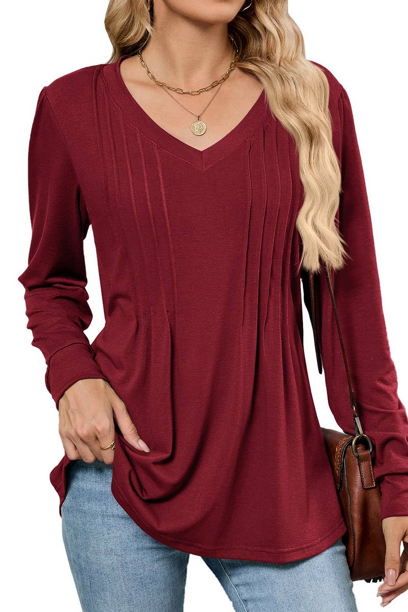 CWTBLL01306_V NECK RIBBED SOLID LONG SLEEVE CASUAL TEE